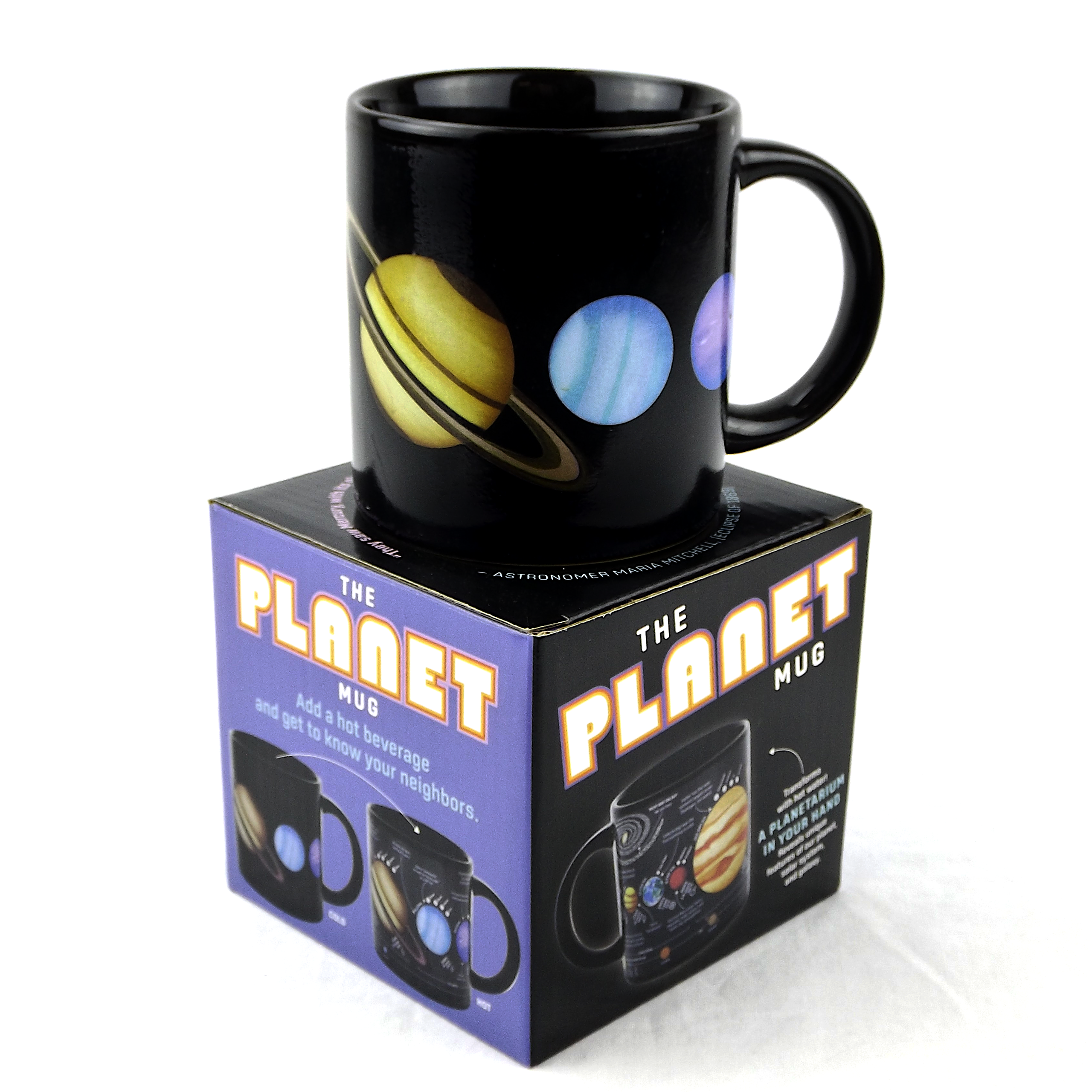 Heat-Changing Planet Mug: Coffee cup with a model of the Solar System.